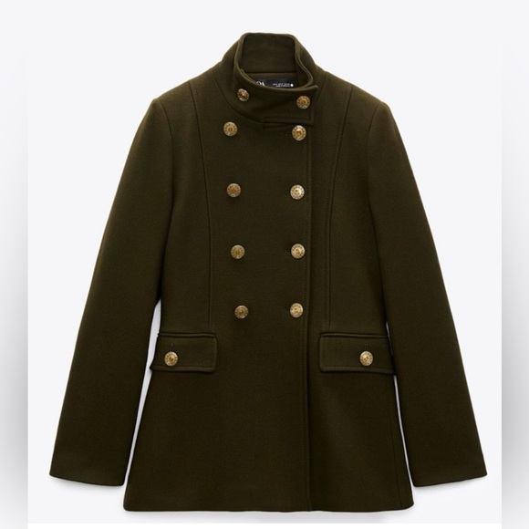 Zara GOLD BUTTON WOOL BLEND COAT OLIVE GREEN Manteco Italian size XL - Picture 1 of 6